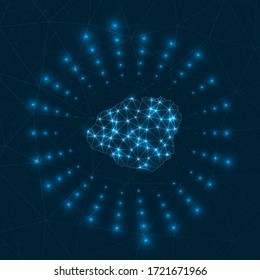 Kauai digital map. Glowing rays radiating from the island. Network connections and telecommunication design. Vector illustration.
