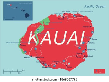 Kauai island detailed editable map with cities and towns, geographic sites, roads, interstates and U.S. highways. Vector EPS-10 file, trending color scheme