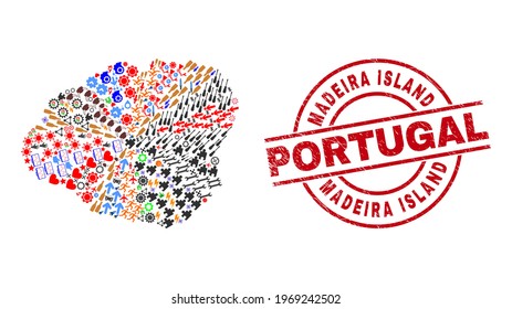 Kauai Island map collage and grunge Madeira Island Portugal red circle seal. Madeira Island Portugal seal uses vector lines and arcs. Kauai Island map collage includes markers, houses, wrenches, bugs,