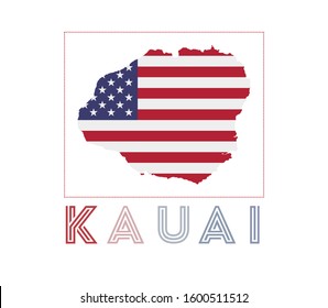 Kauai Logo. Map Of Kauai With Island Name And Flag. Elegant Vector Illustration.