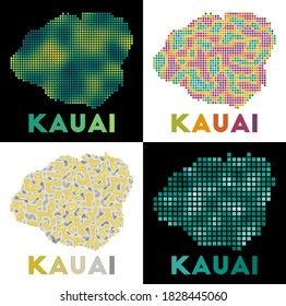 Kauai map. Collection of map of Kauai in dotted style. Borders of the island filled with rectangles for your design. Vector illustration.