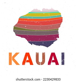 Diseño del mapa de Kauai. Forma de la isla con bellas olas geométricas y textura de grano. Ilustración vectorial atractiva.