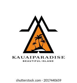 
KAUAI PARADISE mountain and beach vector logo with orange coconut trees as sunset marker
