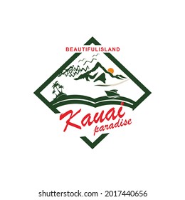 KAUAI PARADISE vector logo with mountain, sun, beach and boat combination