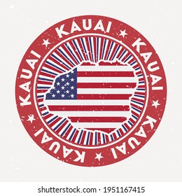 Kauai Round Stamp. Logo Of Island With Flag. Vintage Badge With Circular Text And Stars, Vector Illustration.