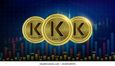 Kava.io (KAVA) 3 moneda Ilustración vectorial 3D. Cryptocurrency blockchain Futura alternativa a la tecnología digital de sustitución de divisas. La moneda virtual dorada plateada con el gráfico de acciones de crecimiento es el fondo