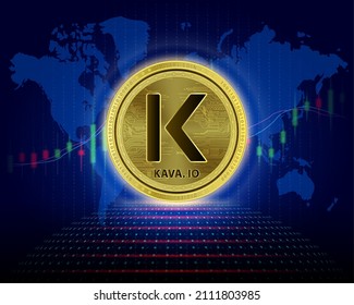 Kava.io (KAVA) Coin 3D Vector illustration. Cryptocurrency blockchain (crypto currency) Business future digital replacement technology Silver golden virtual currency growth share chart is background. 