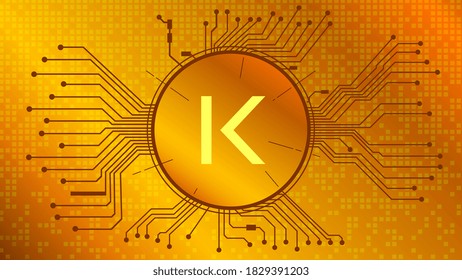 KAVA cryptocurrency token symbol of the DeFi project in circle with PCB tracks on gold background. Currency wallet icon. Decentralized finance programs. Vector EPS10.