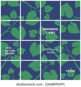 Las plantas de hierba de kava se pintan como puzzles dentro de cuadrados en simples patrones de dibujo. Se puede usar para cubiertas, paquetes, tarjetas, etc.