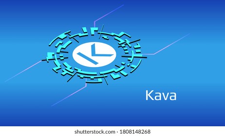 KAVA isometric token symbol of the DeFi project in digital circle on blue background. Cryptocurrency icon. Decentralized finance programs. Vector EPS10.