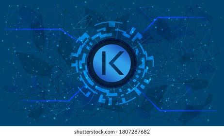 KAVA token symbol of the DeFi project in a digital circle with a cryptocurrency theme on a blue background. Cryptocurrency icon. Decentralized finance programs. Copy space. Vector EPS10.