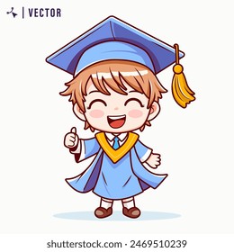 Kawaai Little boy graduating from school vector illustration. Boy with diplomas in graduation gowns and caps. Little schoolkids. Flat graphic vector illustration isolated on white background