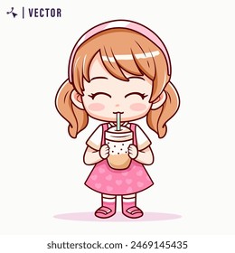 Kawaai Little Girl Drinking Boba Milk Tea Vector Illustration. Cute girl holding bubble tea logo banner hand drawn cartoon art illustration