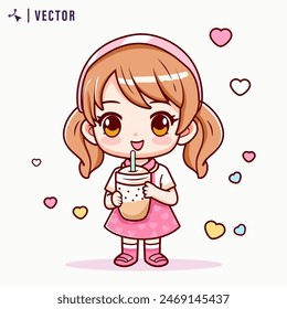 Kawaai Little Girl Drinking Boba Milk Tea Vector Illustration. Cute girl holding bubble tea logo banner hand drawn cartoon art illustration