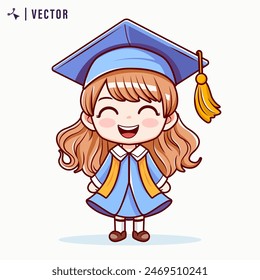 Kawaai Niña graduándose de la Ilustración vectorial del jardín de infantes. Chica con diplomas en batas y gorras de graduación. Pequeños escolares. Ilustración vectorial gráfica plana aislada sobre fondo blanco