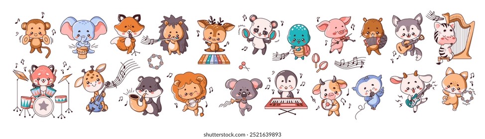 Animales Kawai tocando instrumentos musicales de color plano conjunto de Ilustración vectorial. Iconos divertidos del rendimiento de los músicos en la colección del fondo blanco