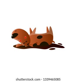 Kawai brown cartoon dog wallowing in mud puddle isolated on white background