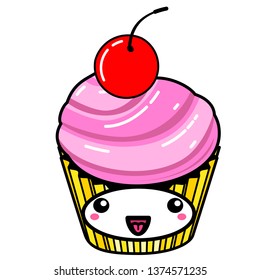Kawai Cake with Cherry. Sign, symbol, web element. Social media icon. Business concept. Tattoo template. Line art. Website pictogram.