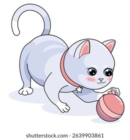 kawai cat playing with ball. Playful kitten