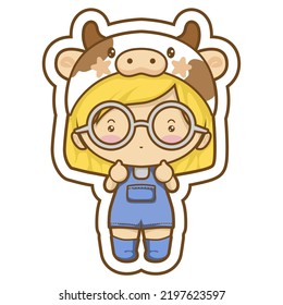 Kawai Cow Head Hat Vector Illustration