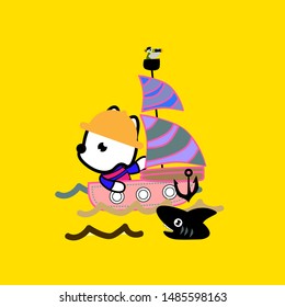 kawai or cute animal design with ship background illustration