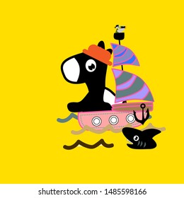 kawai or cute animal design with ship background illustration