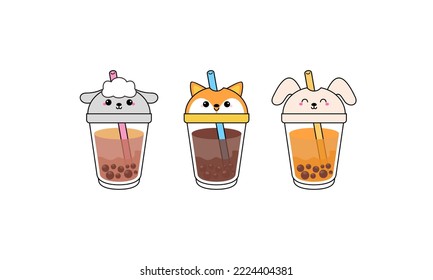 Kawai Cute Bubble Tea with Cup Animal Faces