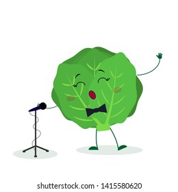 Kawai cute cabbage vegetable singer with a bow tie sings into the microphone. Cartoon style character. Logo, template, design. Vector illustration, flat style.