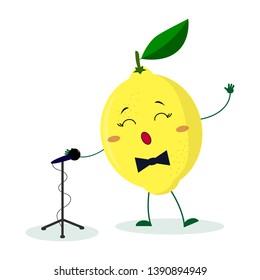 Kawai cute fruit lemon singer with a bow tie sings into the microphone. Cartoon style character. Logo, template, design. Vector illustration, flat style.