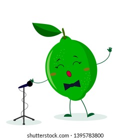 Kawai cute fruit lime singer with a bow tie sings into the microphone. Cartoon style character. Logo, template, design. Vector illustration, flat style.