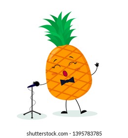 Kawai cute fruit a pineapple singer with a bow tie sings into the microphone. Cartoon style character. Logo, template, design. Vector illustration, flat style.