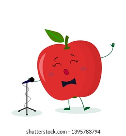 Kawai cute fruit red apple singer with a bow tie sings into the microphone. Cartoon style character. Logo, template, design. Vector illustration, flat style.