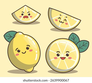 kawai cute lemon. Funny fruits citrus