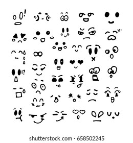 Kawai doodle faces set. The facial expressions, eyes and mouth concept for design. From the hand drawn cartoon emotions. Vector illustration