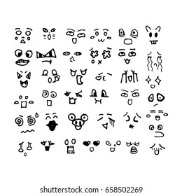 Kawai doodle faces set. The facial expressions, eyes and mouth concept for design. From the hand drawn cartoon emotions. Vector illustration