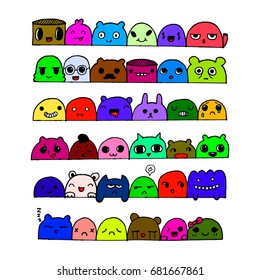 Kawai doodle faces set. The facial expressions, eyes and mouth concept for design. From the hand drawn cartoon emotions. Vector illustration