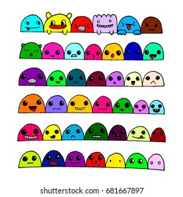 Kawai doodle faces set. The facial expressions, eyes and mouth concept for design. From the hand drawn cartoon emotions. Vector illustration