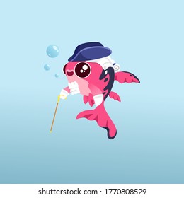 Kawai fish design illustration with life style