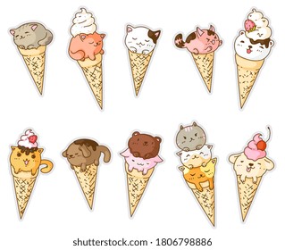 Kawai ice-cream. Frozen gelato in waffle cone with funny creature inside illustration. Kawai ice-cream different flavor with cute baby animal mascot. Vector doodle icon isolated set on white