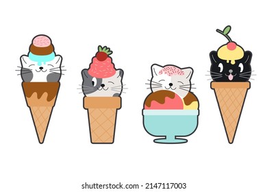 Kawai ice-cream. Frozen gelato in waffle cone with funny creature inside illustration. Kawai ice-cream different flavor with cute baby animal mascot. Vector doodle icon isolated set on white EPS