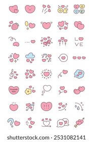 Kawaii abstract heart icons set. Collection of cute hand drawn illustrations isolated on a white background. St. Valentine day stickers. Vector 10 EPS.
