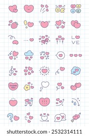 Kawaii abstract heart icons set. Collection of cute hand drawn illustrations on a checkered background. St. Valentine day stickers. Vector 10 EPS.