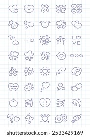 Kawaii abstract heart icons set. Collection of cute hand drawn monochrome illustrations on a checkered background. St. Valentine day concept. Vector 10 EPS.