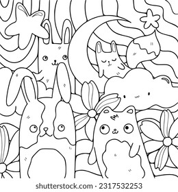 Kawaii Adult coloring page doodles, sketch coloring book for relaxing. Vector design. Bunny , animals, moon, cute, coloring book