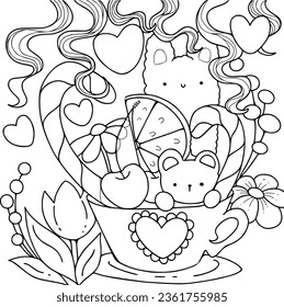 Kawaii Adult coloring page doodles, sketch coloring book for relaxing. Vector design. Bunny , animals, moon, cute, coloring book