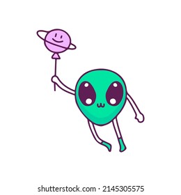 Kawaii alien mascot holding planet balloon, illustration for t-shirt, sticker, or apparel merchandise. With doodle, retro, and cartoon style.