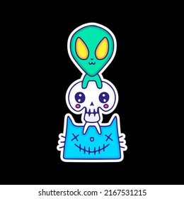 Kawaii alien, skull, and monster cat, illustration for t-shirt, sticker, or apparel merchandise. Street art cartoon.