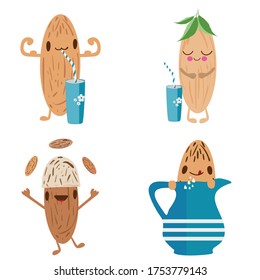 Kawaii almond milk concept for kids healthy drink dairy alternative concept. Illustration of cute nut cartoon characters drinking, flexing muscles, juggling. Versatile fun design with isolated motifs