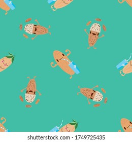 Kawaii almond milk vector seamless pattern background. Cute nut characters with drinks glasses and juggling oval seeds on teal background. All over print for kids healthy drink dairy alternative