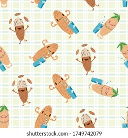 Kawaii almond milk vector seamless pattern background. Cute muscle flexing and juggling nut characters with drinks glasses on plaid background. Cartoon print for kids healthy drink dairy alternative